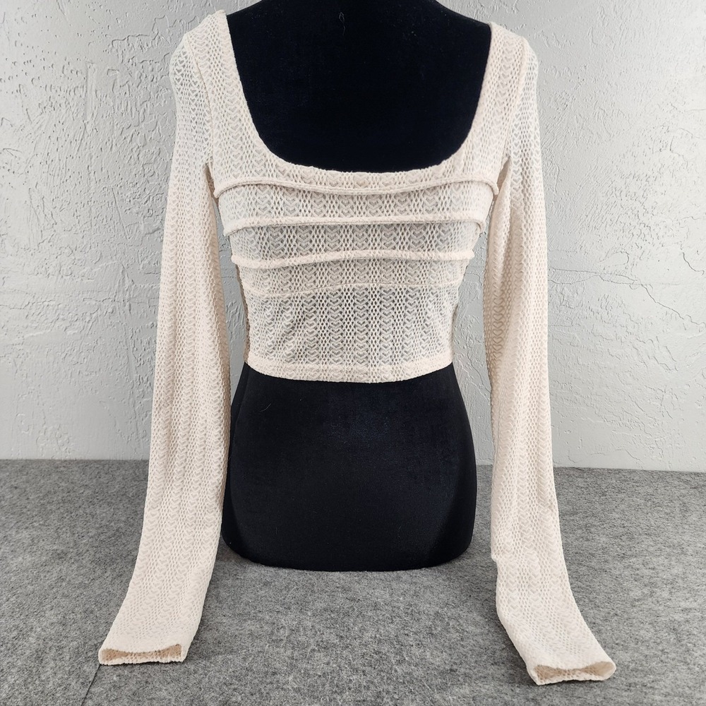 Heart Print Cream Textured Lace Open Back Tie Long Sleeve Crop Top XS Women